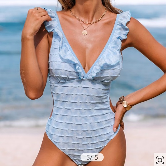 Light Blue Ruffled Plunging One-Piece - Picture 2 of 6